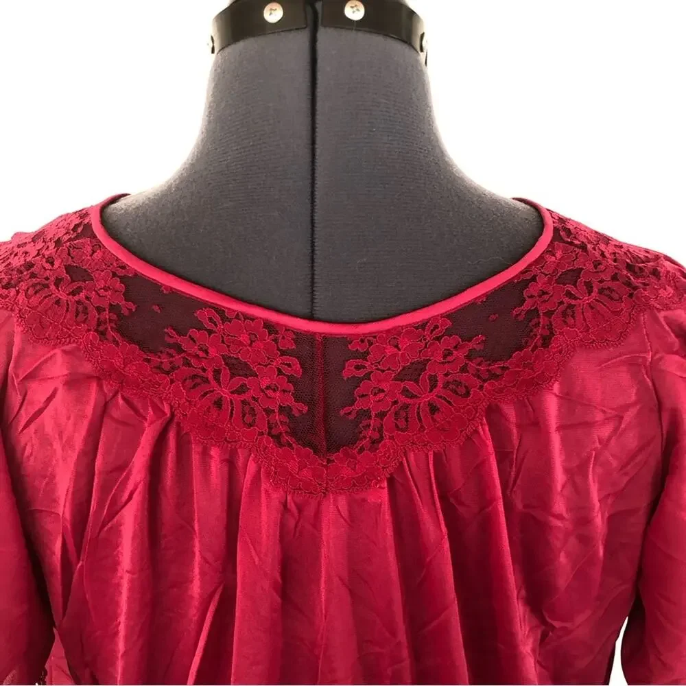 Vintage Pink Nightgown Silky Satin Lace Fuchsia Magenta Short Sleeve 70s 80s - Picture 5 of 7